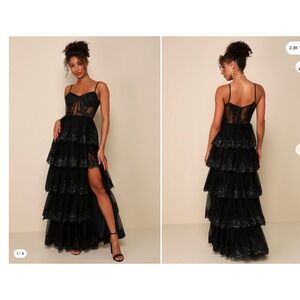 Lulus Alluring Sensation Maxi Dress Women XL Black Tulle Embroidered Tiered Gown